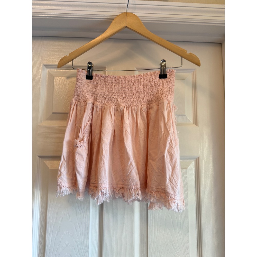 Ramy Brook Mini Skirt Women XS Pink Smocked Waist Frayed Fringe 100% Viscose